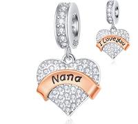 I Love You Nana/Nan Heart Pendant Charms, fits Pandora Mother's Day Bracelet, 925 Sterling Silver Nonna/Nanny Dangle Sparkle CZ Beads with Rose Gold Banner, Gift for Grandmother