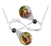 I Love You Necklace 100 Languages Projection Necklace 925 Silver Personalised Two Names with Two Photo Pendants Valentines Day Gifts (Color Photos, Silver)