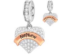 I Love You Nephew Charms Dangle fits Pandora Moments Bracelet Necklace, 925 Sterling Silver Pave Clear CZ Heart Pendant Beads, Gifts for Boy/Men/Back to School/Groom
