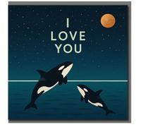I Love You Orca Whales Card - Romantic Love & Anniversary Card, Starry Night and Moon Design, Cute Whale Couple, For Partner, Boyfriend, Girlfriend, Husband or Wife