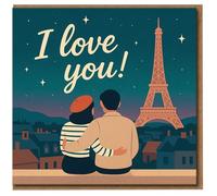 I Love You Paris Skyline Greeting Card - Romantic Love/Anniversary Card with Eiffel Tower Illustration, Couple Under Stars, Blank Inside with Envelope
