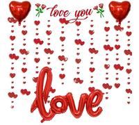 I Love You Romantic Decorations with 13Ft Glitter Heart Hanging Streamer Banners, Big Love Letter Foil Balloon for Confession Proposal Valentine's Day Decorations