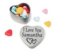 I Love You Samantha Mini heart shaped silver gift tin filled with mini chocolates. Great as a birthday present or a gift to show someone special how much you love them