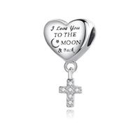 I Love You To The Moon And Back Heart Cross Christian Crucifix Jesus Christ Birthday Memorial Bead Pendant 925 Sterling Silver Dangle Compatible With Pandora Moments Charm Bracelet