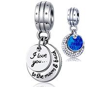 I Love You to the Moon and Back Pendant Charms, fit Pandora Valentines Bracelet, 925 Sterling Silver Blue Enamel Crescent Moon and Stars CZ Necklace Beads, Gift for Couple/Bride