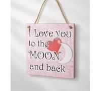 I Love You to the Moon and Back Wall Plaque, Pink, 10cm Square, Hanging Sign with Rope
