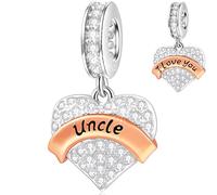 I Love You Uncle Charms Dangle fits Pandora Snake Bracelet/Necklace, 925 Sterling Silver Pave Sparkly Clear CZ Heart Pendant Beads, Gifts for Familia/Aunt/Brother