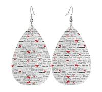 I Love You Words With Hearts Ladies Leather Earrings Teardrop Drop Print Earrings Fashion Lightweight Daily Wear Party Date