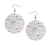 I Love You Words With Hearts Printed Faux Leather Earrings Set For Women, 1 Pair Lightweight Dangle Drop Pierced Earrings Jewelry Gifts For Women