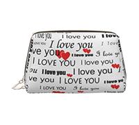 I Love You Words with Hearts Printed Small Makeup Bag Portable Leather Make up Bag Travel Cosmetic Bags Organizer for Women, Gold Zipper
