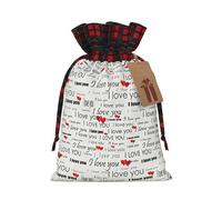 I Love You Words With Hearts Printing Color Matching Plaid Christmas Bag With Drawstring,4.7x6.9 In For Christmas Halloween