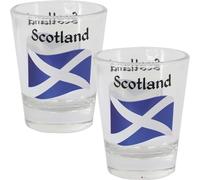 I LUV LTD Double Shot Glasses with Heavy Base, Highland Saltire Wavy Scotland Flag Thistle Design, Souvenir Gift Set, 50ml, Pack of 2