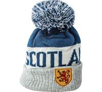 I LUV LTD Grey & Navy Beanie Hat Bobble Double Knitted, Scottish Design Hats, Scotland Script Lion Rampant Shield, Winter Accessories for Men and Women