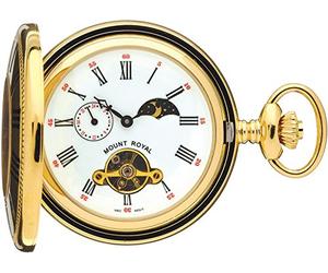 I LUV LTD Half Hunter Skeleton Pocket Watch Gold Plated with Moon Phases - 17 Jewel - Box