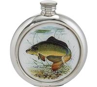I LUV LTD Round 6oz Game Fish Carp Picture Insert Pewter Hip Flask with Unique Colour Picture Set into Front Recess Bright Polished Finish Screw Top Hip Flasks for Men