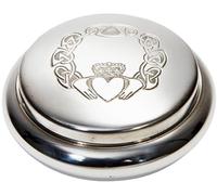 I LUV LTD Round Georgian Pewter Trinket Box Embossed Claddagh Love and Loyalty Pattern on Lid Bright Polished Finish Perfect for Engraving