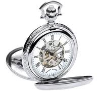 I LUV LTD Skeleton Pocket Watch Double Half Hunter Chrome Plated Very Detailed - 17 Jewel