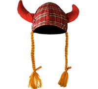 I LUV LTD Tartan Scottish Hat with Viking Horns & Red Braid, Party & Fun Novelty Hats