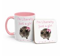 I’m Just a Girl Cup with Sad Hamster Design, Literally Just a Girl Meme Coffee Mug, Cute Funny Gift for Girlfriend, Best Friend or Coworker (11oz Pink, Mug & Coaster Set)