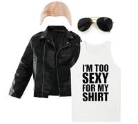 I’M TOO SEXY FOR MY SHIRT COSTUME SET - SMALL - FUNNY VEST, BALD CAP, SUNGLASSES & LEATHER LOOK JACKET - MEN’S 90S FANCY DRESS & STAG PARTY OUTFIT