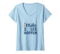 I Make Smiles Happen Dental Hygienist Women Dentistry Quote V-Neck T-Shirt, Women, Baby Blue, S
