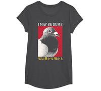 I May Be Dumb Pigeon Japanese T-Shirt, Girls, Dark Heather Grey, Medium
