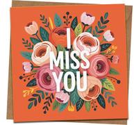 I Miss You Greeting Card, Floral Bouquet on Orange, 145mm x 145mm Square, Blank Inside, Kraft Envelope Included, Thinking of You, Long Distance, Friendship, Love
