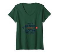 I Need a Six-Month Vacation Twice a Year Funny Travel Quote V-Neck T-Shirt, Women, Forest Green, M