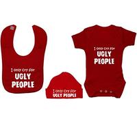 I Only Cry for Ugly People Baby Bodysuit/Romper/T-Shirt & Feeding Bib with Matching Beanie Hat/Cap - 0-3 Months - Red