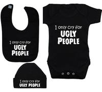 I Only Cry for Ugly People Baby Bodysuit/Romper/T-Shirt & Feeding Bib with Matching Beanie Hat/Cap - 6-12 Months - Black