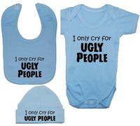 I Only Cry for Ugly People Baby Bodysuit/Romper/T-Shirt & Feeding Bib with Matching Beanie Hat/Cap - 6-12 Months - Blue