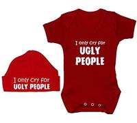 I Only Cry for Ugly People Baby Bodysuit/Romper/T-Shirt & Matching Beanie Hat/Cap - 3-6 Months - Red