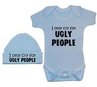 I Only Cry for Ugly People Baby Bodysuit/Romper/T-Shirt & Matching Beanie Hat/Cap - 6-12 Months - Blue