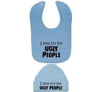 I Only Cry for Ugly People Baby Feeding Bib & Matching Beanie Hat/Cap - 3-6 Months - Blue