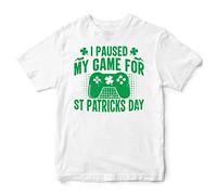 I Paused My Game for St Patricks T Shirt Kids Funny St Paddys Day Boys Girls T Shirt Tee Irish Gaming Shamrock Top, 12-13 Years, White