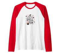I Put A Spell On Brew: Witchy Coffee Lover's Halloween Raglan Baseball Tee, Men, Red/White, XL