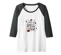 I Put A Spell On Brew: Witchy Coffee Lover's Halloween Raglan Baseball Tee, Women, Dark Heather/White, M