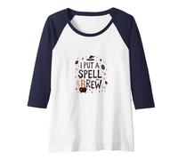 I Put A Spell On Brew: Witchy Coffee Lover's Halloween Raglan Baseball Tee, Women, Navy/White, L