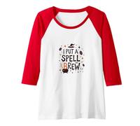 I Put A Spell On Brew: Witchy Coffee Lover's Halloween Raglan Baseball Tee, Women, Red/White, M