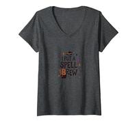 I Put A Spell On Brew: Witchy Coffee Lover's Halloween V-Neck T-Shirt, Women, Dark Heather Grey, XL