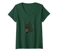 I Put A Spell On Brew: Witchy Coffee Lover's Halloween V-Neck T-Shirt, Women, Forest Green, XXL