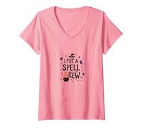 I Put A Spell On Brew: Witchy Coffee Lover's Halloween V-Neck T-Shirt, Women, Pink, XL