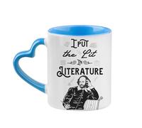 I Put The Lit in Literature, Book Lovers Gift, Teacher Gift, Heart Handle Coffee, Tea Mug. (Blue)