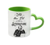 I Put The Lit in Literature, Book Lovers Gift, Teacher Gift, Heart Handle Coffee, Tea Mug. (Green)