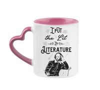 I Put The Lit in Literature, Book Lovers Gift, Teacher Gift, Heart Handle Coffee, Tea Mug. (Pink)
