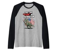 I Put The Tism in Patriotism USA Flag T-rex Dinosaur Autism Raglan Baseball Tee