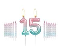 i-QiQi 15th Birthday Candles Pink to Blue Gradient Candle with 12Pcs Gradient Spiral Candle for Number 15 Cake Candles for Happy 15 Birthday Cake Toppers Party Wedding Anniversary Decorations