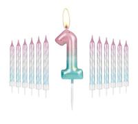 i-QiQi 1st Birthday Candles Pink to Blue Gradient Candle with 12Pcs Gradient Spiral Candle for Number 1 Cake Toppers Birthday Party Wedding Anniversary Decorations