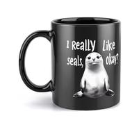 I Really Like Seals Black Mugs Ceramic Coffee Cup for Hot Cold Drinks Large Tea Mug 330ml for Women Men