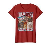 I Reject My Mortal Flesh Funny Trans LGBTQ Cat Meme Bootleg T-Shirt, Women, Cranberry Red, Large